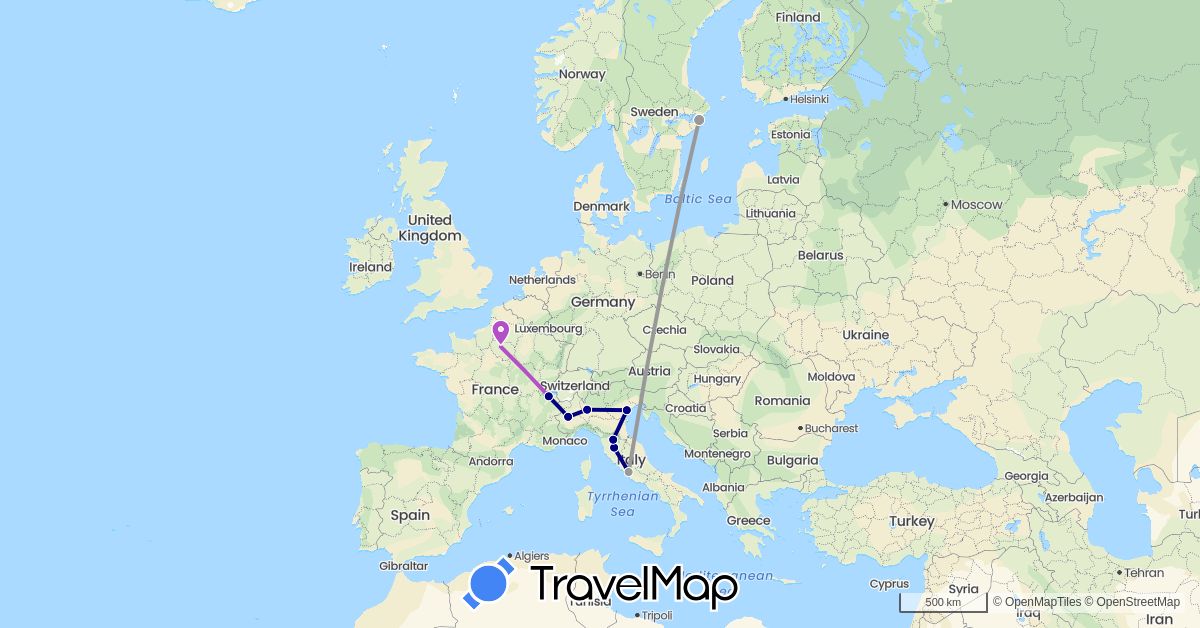 TravelMap itinerary: driving, plane, train in Switzerland, France, Italy, Sweden (Europe)