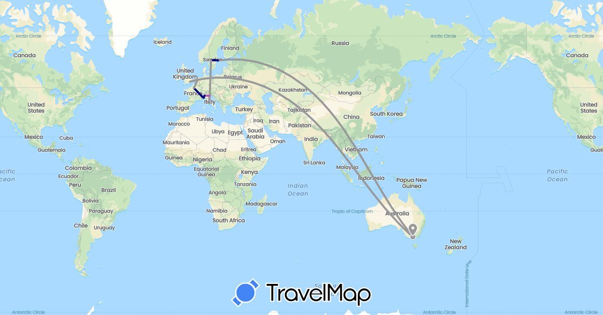 TravelMap itinerary: driving, plane, train in Australia, Switzerland, France, United Kingdom, Italy, Netherlands, Sweden (Europe, Oceania)